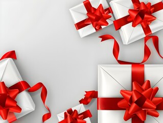 Wall Mural - White background, a red ribbon wrapped around white gift boxes, a vector illustration, high resolution photography, high detail, hyper quality, no shadowing, no gradient shading, no black border.