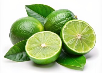 Wall Mural - Freshly cut organic green lime halved and sliced with vibrant leaves intact, isolated on a pure white background, perfect for culinary or design projects.