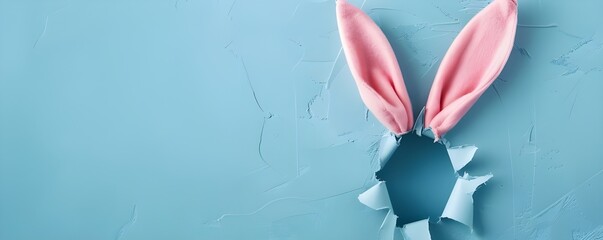 Wall Mural - Easter bunny ears sticking out of hole on pastel blue background with copy space, banner design. Minimal concept for e-commerce advertising promotion and social media marketing.