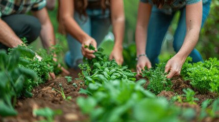 Group of people gardening in a community garden, working together to plant and harvest fresh vegetables.