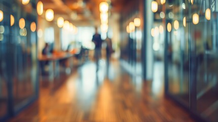 Wall Mural - a blurred image of the office with employees in the background, image for presentation and place for