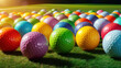 © starush - A large group of brightly colored golf balls on a green field, AI