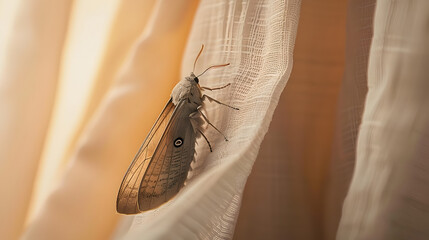 Poster - A small, greyish-brown Indianmeal moth perches on a delicate, folds-creased fabric curtain, its tiny legs grasping the material as its antennae subtly twitch.