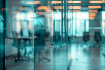 Modern office with glass wall, blurred background. Writing space.