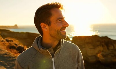 Canvas Print - Lifestyle portrait video of a satisfied man in his 40s wearing a comfortable tracksuit against a lighthouse or coastal background