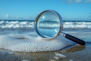 Wall Mural - A magnifying glass is on the sand, looking at the ocean. The water is calm and the sky is blue