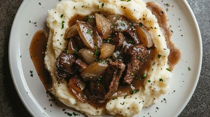 Wall Mural - A plate of mashed potatoes and meat with gravy on top