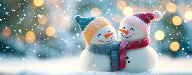 Two cute little smiling snowmen in knitted hats and scarves in a Christmas season background with falling snow, focus shot, professional photography