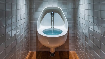 Sticker - A urinal in a bathroom with water running down the drain, AI