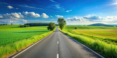 Road running through a lush green field with a clear blue sky above, road, field, nature, landscape, countryside