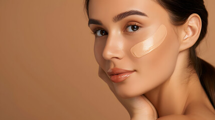 Wall Mural - Woman with swatches of foundation on face against brown background, closeup