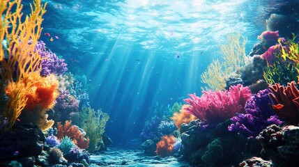 Wall Mural - Coral Reef, vibrant corals and diverse marine life, bright underwater lighting