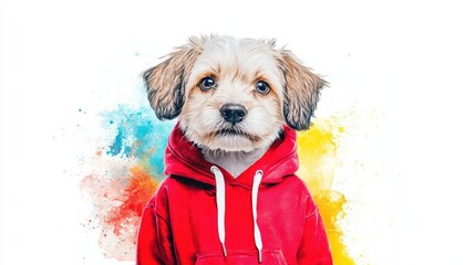 Wall Mural - Light watercolor painting of a cute puppy dressed in a red hoodie
