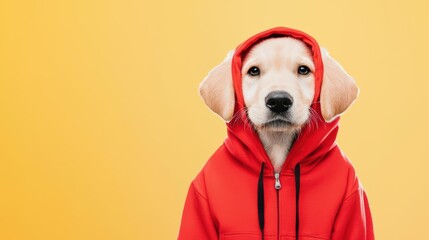 Wall Mural - Light watercolor painting of a cute puppy dressed in a red hoodie