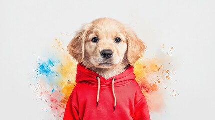 Wall Mural - Light watercolor painting of a cute puppy dressed in a red hoodie