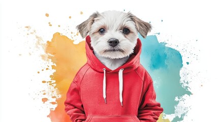 Wall Mural - Light watercolor painting of a cute puppy dressed in a red hoodie