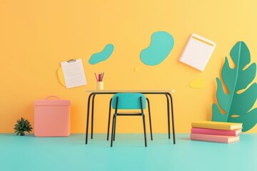Wall Mural - Luxury poster template depicting an empty classroom with neatly arranged desks and a splash of educational materials