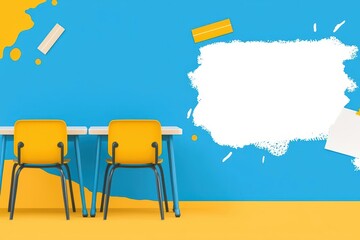 Wall Mural - Luxury poster template depicting an empty classroom with neatly arranged desks and a splash of educational materials
