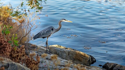 Sticker - Great Blue Heron Standing on Rocky Shore