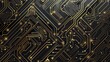 © luck - Gold circuit board technology background with glowing nodes.