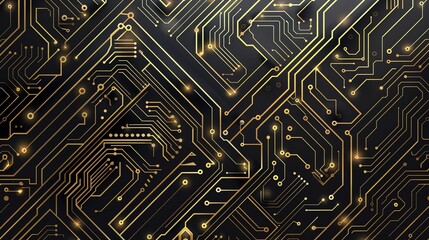 Gold circuit board technology background with glowing nodes.