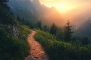 Canvas Print - A mountain trail with a sun shining on it. The sun is in the background and the mountains are in the foreground