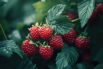 Wall Mural - A bunch of red raspberries are hanging from a green leaf. The berries are ripe and ready to be picked