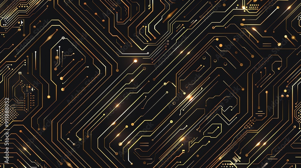 Gold circuit board technology background with glowing nodes. Stock ...