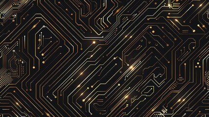 Gold circuit board technology background with glowing nodes.