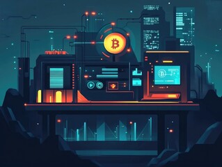 Futuristic depicting the concept of cryptocurrency mining and blockchain technology  The image showcases a dynamic cityscape with skyscrapers and a glowing