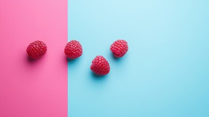 Sticker - Four red raspberries on a split pink and blue background.