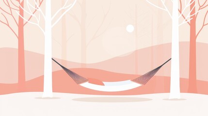 A hammock gently swaying between two simple trees, minimal style, clean vector lines, muted colors