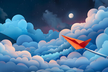 Sticker - a paper plane made of folded paper flying through the clouds