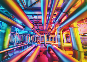 Canvas Print - Colorful 3D visualization of a building's internal utility system, showcasing intricate networks of pipes, ducts, and cables, generated using artificial intelligence and CAD software.