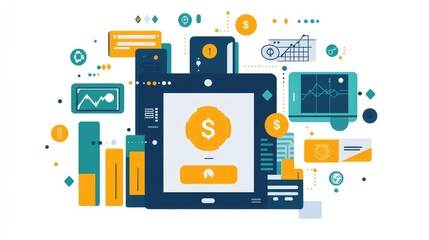 Innovative fintech solutions and mobile banking technologies featured in a modern flat design The image showcases various digital finance and payment app interfaces data analytics dashboards