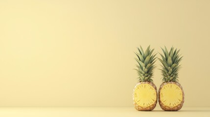 Canvas Print - Two halved pineapples on a yellow background.