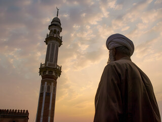 Wall Mural - A close-up view of a Muslim man reciting the call to prayer, known as Adhan.