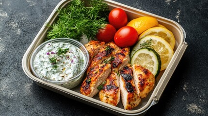 Wall Mural - A tray of food with chicken, tomatoes, cucumbers, and lemon wedges. The food is served in a plastic container and is accompanied by a side of dip. Concept of freshness and healthiness