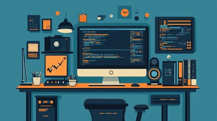 Organized and minimalist software development workstation with flat design of computer monitor programming tools and digital equipment for efficient coding and project management