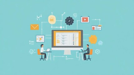 Flat design depicting the software development and continuous process  The image shows a computer screen displaying a dashboard surrounded by various icons and elements representing programming