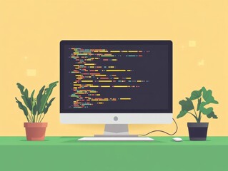 Flat design of a modern coding workspace with a computer monitor laptop and potted plants on a minimalist desk against a dark coding background