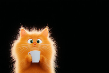 Wall Mural - 3d illustration kitten with cup in paws dark background