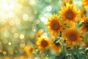 Wall Mural - A field of yellow sunflowers with a blurry background
