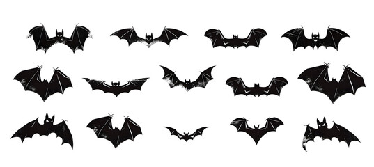 Wall Mural - Halloween bat silhouette set isolated on white background. Spooky black horror bat graphic. Vector illustration