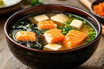 Wall Mural - A bowl of soup with salmon and green vegetables. The bowl is placed on a wooden table