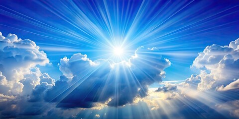 Wall Mural - sun rays shining through fluffy clouds in a bright blue sky, sunshine, sunlight, clouds, sky, nature