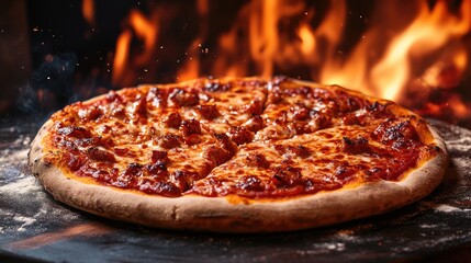 Wall Mural - A pizza is sitting on a stone slab with a fire behind it. The pizza is covered in cheese and pepperoni