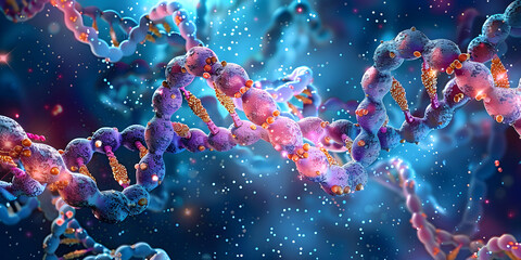 Poster - Microscopic illustration of DNA double helix structure, highlighting gene silencing techniques with RNA interference, CRISPR-Cas9, and antisense oligonucleotides, for genetic research applications.