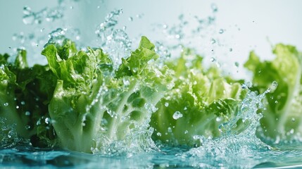 Poster - Fresh green lettuce leaves splashing in water.