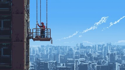 An 8-bit pixel art window cleaner working on a tall building using a suspended platform